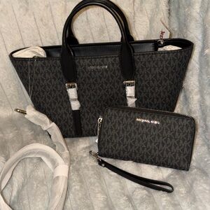 Michael Kors Black Monogram Tote and Wallet Set